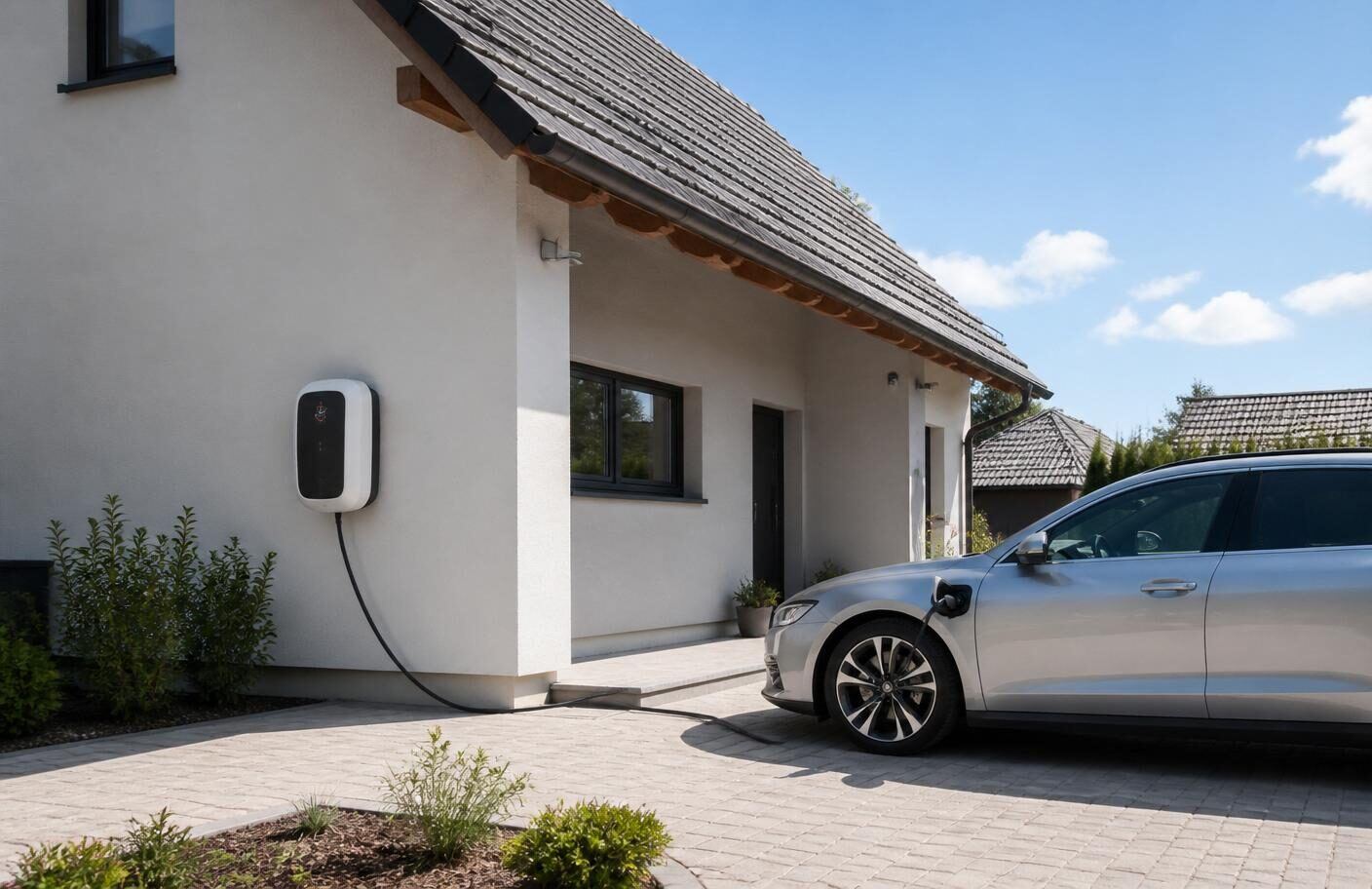 Reálná instalace domácího wallboxu na rodinném domě s dobíjejícím se elektromobilem