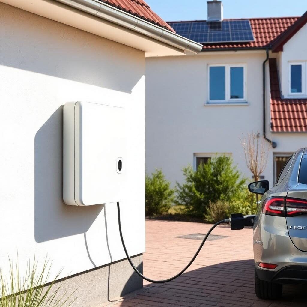 Bílý wallbox na fasádě rodinného domu s dobíjejícím elektromobilem