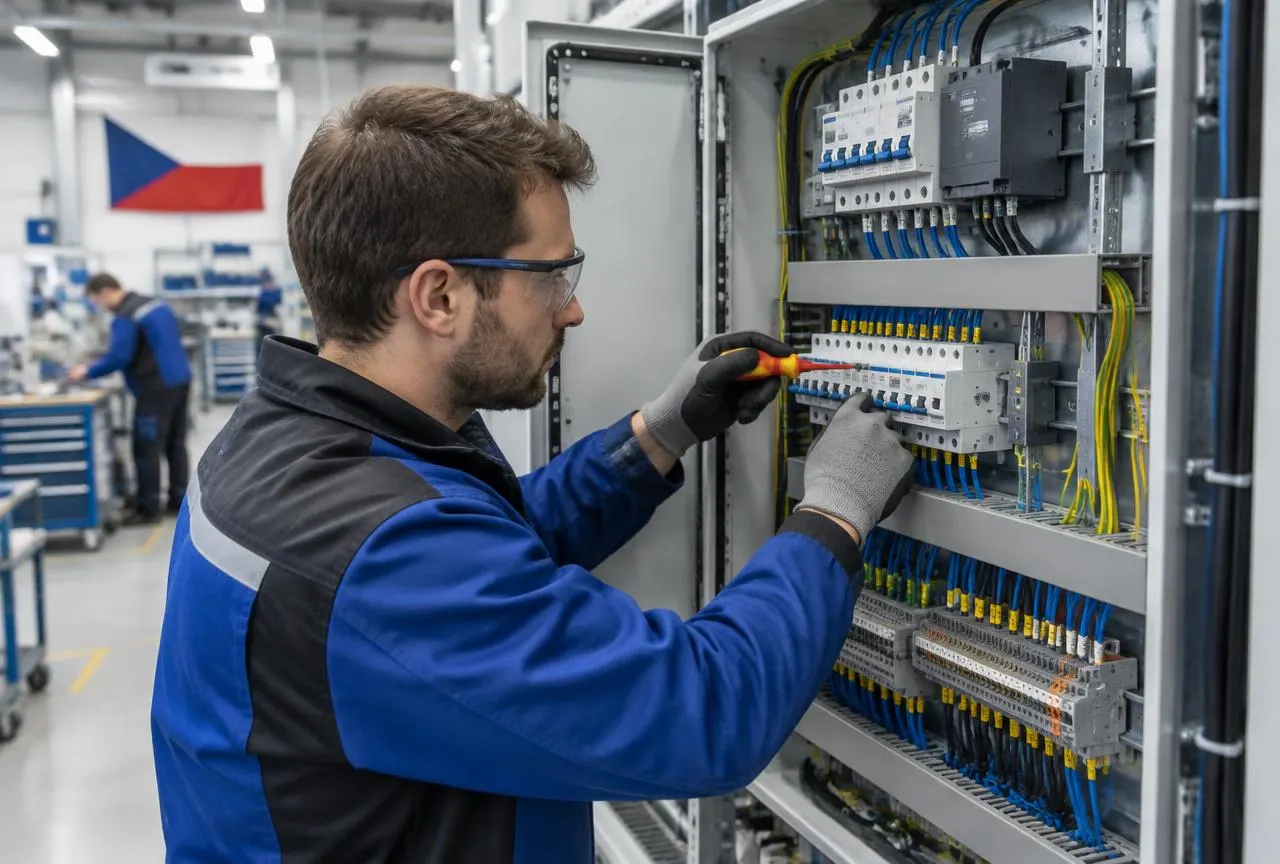 Elektrikář zapojuje průmyslový elektrický rozvaděč