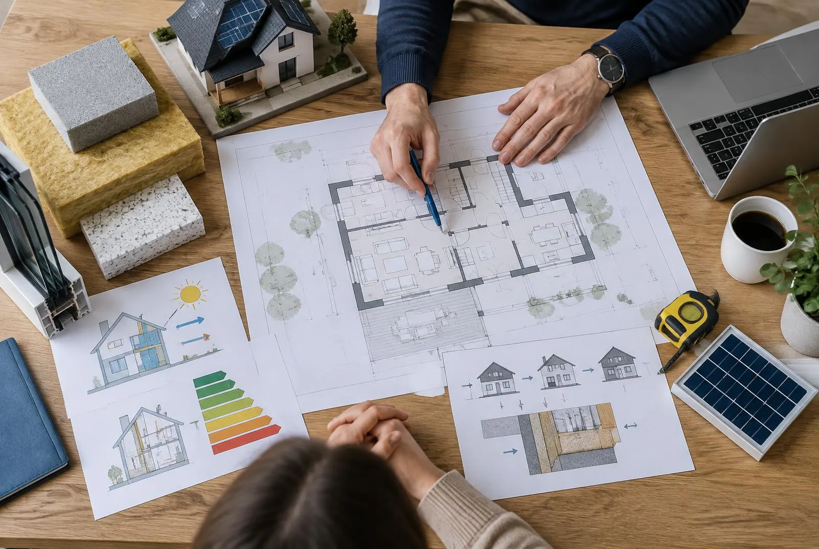 Plán energetické renovace domu s výkresy a vzorky materiálů